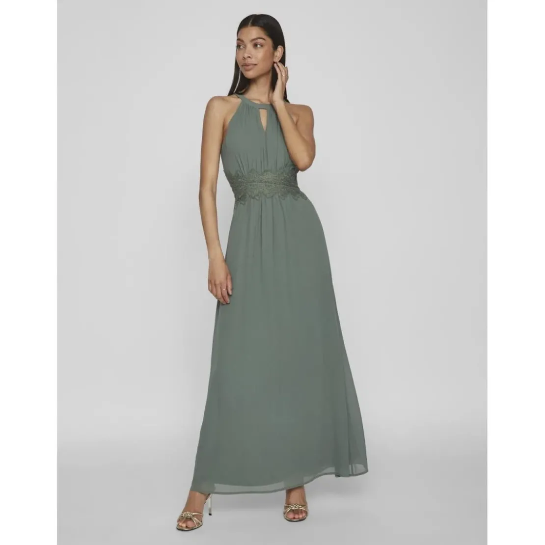 VilaRobe longueur maxi dentelle féminine vert Gigi