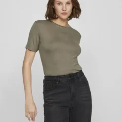VilaT-shirt col rond manches courtes marron clair Ida